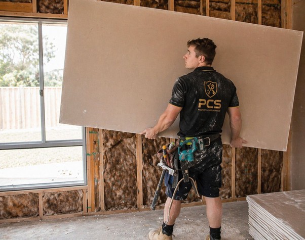 Plasterer repairing drywall in a Melbourne property