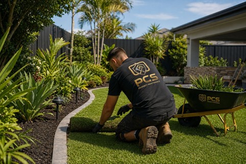 Landscaper laying fresh turf for a Melbourne property